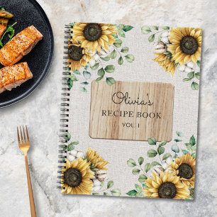 Watercolor Zonnebloem Linnen Houten Receptenboek Notitieboek