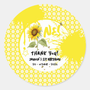 Watercolor Zonnebloem met Vlinders 1e Verjaardag Ronde Sticker
