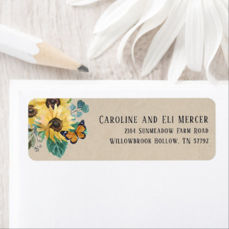 Watercolor Zonnebloemen en Vlinders Adres Etiket