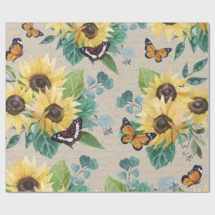 Watercolor Zonnebloemen en Vlinders Decoupage Cadeaupapier