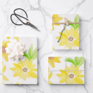Watercolor Zonnebloemen Groen Geel Patroon Inpakpapier Vel