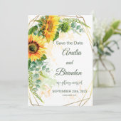 Watercolor Zonnebloemen Nep Goud Folie Frame Bruil Save The Date (Staand voorkant)