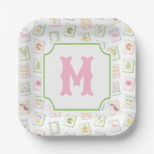 Watercolor Zuidelijke Zomer Mahjong Tegels Monogra Papieren Bordje