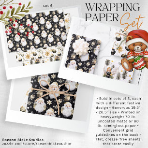 Watercolor Zwart & Goud Kerst Set 6 Inpakpapier Vel