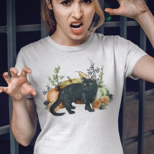 Watercolor Zwarte Kat Pompoen Halloween T-shirt