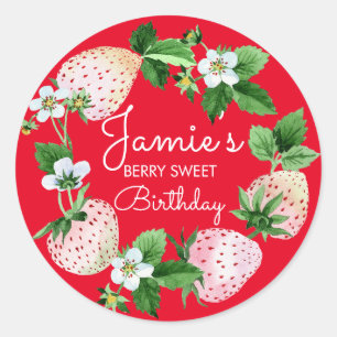 Watercoloraardbeien Eerste verjaardagsfeestje Rood Ronde Sticker