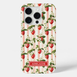 Watercoloraardbeien op strepen Monogram iPhone 15 Pro Case