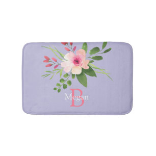 Watercolorbloem, naam & monogram op lavendel badmat