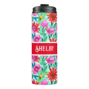 Watercolorbloemen in turquoise, rood en roze thermosbeker