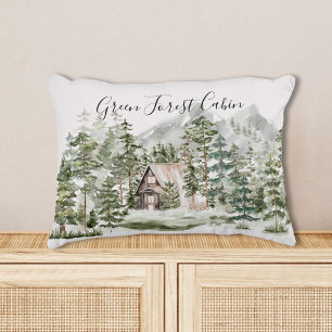 Watercolorhuisje in het groene dennenbos accent kussen