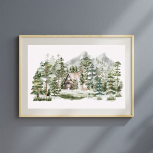 Watercolorhuisje in het groene dennenbos poster