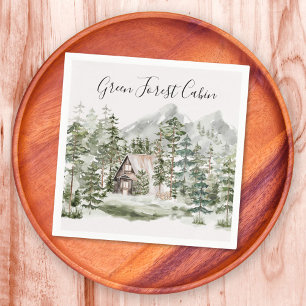 Watercolorhuisje in het groene dennenbos servet