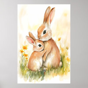 Watercolorprint konijn, mama en kind, kinderkamer poster