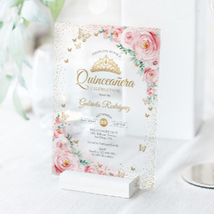 Watercolorrozen Blozende Roze Florale Quinceanera Acryl Uitnodigingen