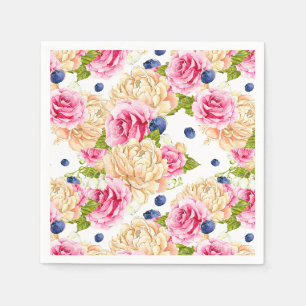 Watercolorrozen en Blauwe Bessen Patroon Botanisch Servet