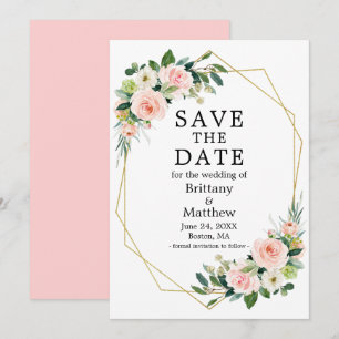 Watercolorrozen Goud Geo Frame Roze Blos Save The Date