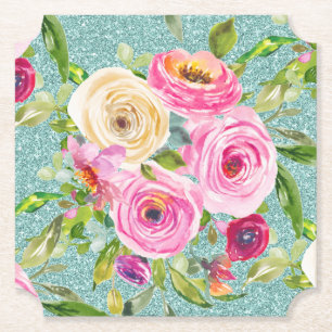 Watercolorrozen in Roze en Crème Aqua Glitter Kartonnen Onderzetters