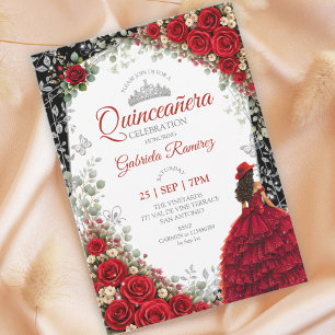 Watercolorrozen Rood en Zilver Rode Quinceañera Kaart