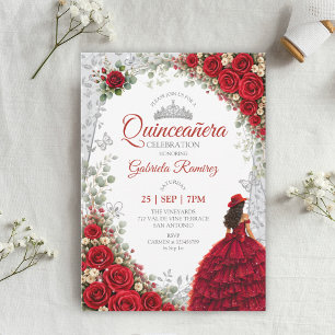 Watercolorrozen Rood en Zilver Rode Quinceañera Kaart