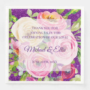 Watercolorrozen Roze Crème op Paarse Bruiloft Servet