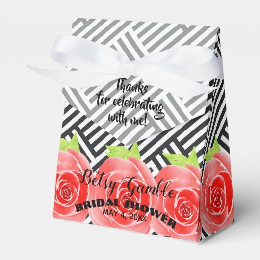 Watercolorrozen Zwart Witte Strepen Derby Feestten Bedankdoosjes (Voorkant Zijde)