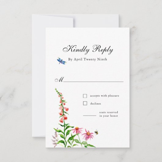 WatercolorWildflowers Bloemen bruiloft Reactie Kaa RSVP Kaartje (Voorkant)
