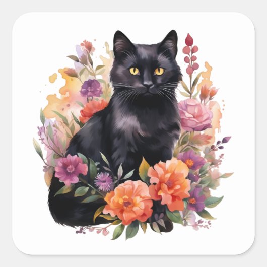 Watercolour Black Cat Vierkante Sticker (Voorkant)