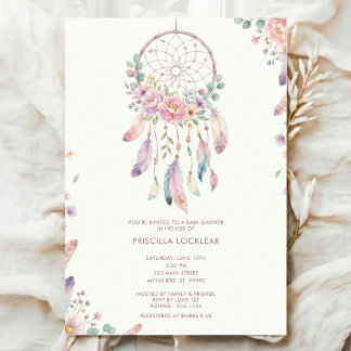 watercolour Boho flower Dreamcatcher Baby Shower Kaart
