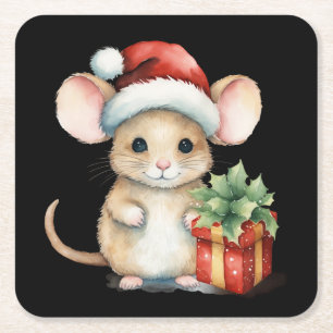 Watercolour Kerst Muis Vierkante Kartonnen Onderzetter
