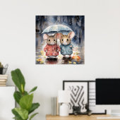 Watercolour Mice in The Rain Poster (Thuiskantoor)