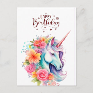 Watercolour Unicorn Floral Happy Birthday PostCard Briefkaart