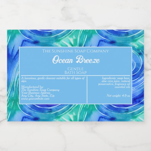 Waterdichte Blauwe Groene Swirls Zeep Verpakking L Voedselcontainer Etiket (Enkel label)