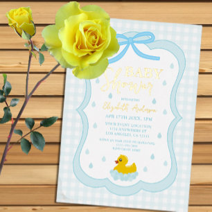 Waterdruppels Gingham Jongens Baby Shower Folie Uitnodiging