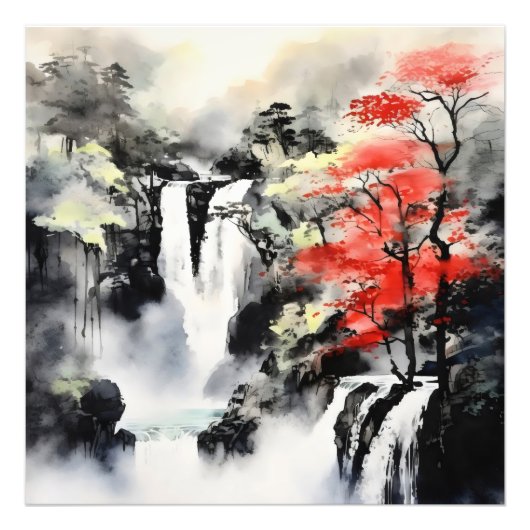 Waterfall en Maple Tree Ink Schilderen Foto Afdruk (Voorkant)