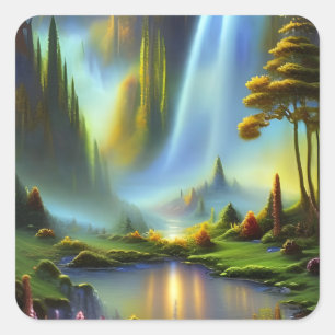 Waterfall Glade Natuur Fantasy Vierkante Sticker