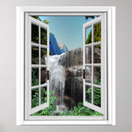 Waterfall Trompe l'oeil Effect Faux Window Uitzich Poster