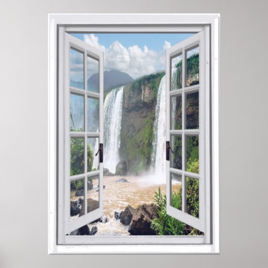Waterfall Uitzicht Trompe l'oeil Faux Window Poster (Voorkant)