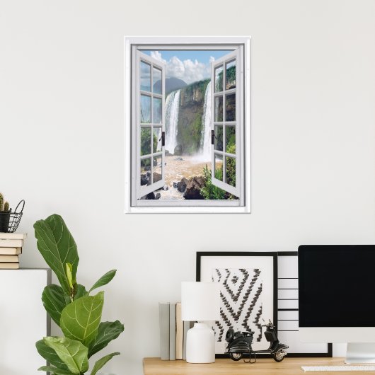 Waterfall Uitzicht Trompe l'oeil Faux Window Poster (Thuiskantoor)