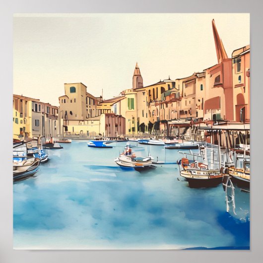 Waterfront en boten in de haven, Italiaans Poster (Voorkant)