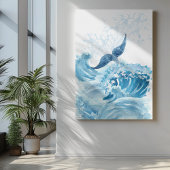 Watergolven spatten met blauwe walvisstaart canvas afdruk