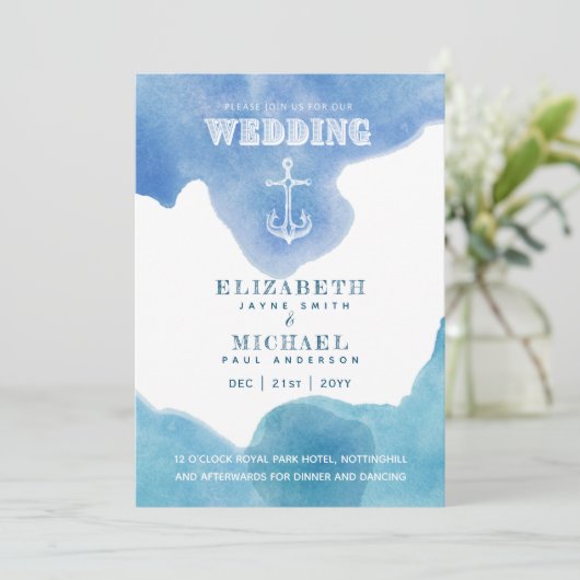 Waterig nautisch zeilbestemming trouwfeest uitnodi (Staand voorkant)