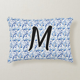 Waterkleur Blauw Blad Mozaïek Fijne Kunst Monogram Accent Kussen