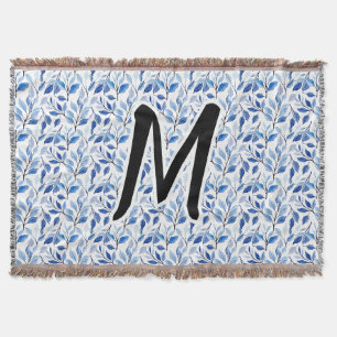Waterkleur Blauw Blad Mozaïek Fijne Kunst Monogram Deken