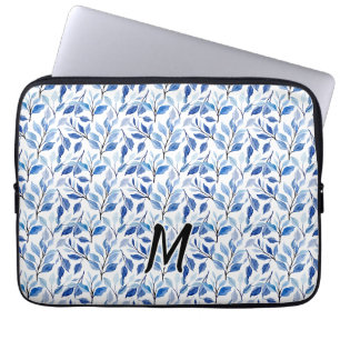 Waterkleur Blauw Blad Mozaïek Fijne Kunst Monogram Laptop Sleeve