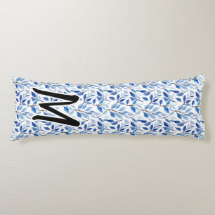 Waterkleur Blauw Blad Mozaïek Fijne Kunst Monogram Lichaamskussen