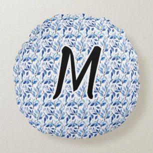 Waterkleur Blauw Blad Mozaïek Fijne Kunst Monogram Rond Kussen