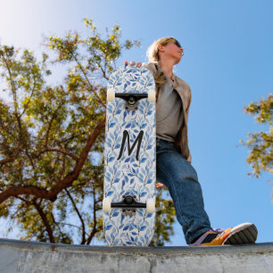 Waterkleur Blauw Blad Mozaïek Fijne Kunst Monogram Skateboard