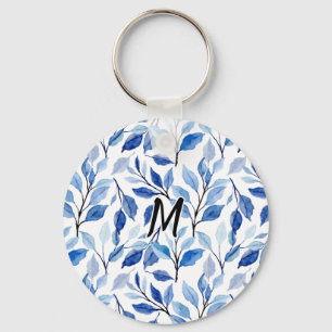 Waterkleur Blauw Blad Mozaïek Fijne Kunst Monogram Sleutelhanger