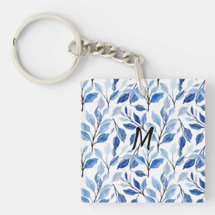 Waterkleur Blauw Blad Mozaïek Fijne Kunst Monogram Sleutelhanger