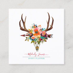 WATERKLEUR BLOEMEN, BOHO SKULL+PIJL VIERKANTE VISITEKAARTJE